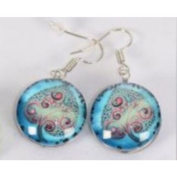 Boutique new blue double sided dome Tree of Life spade earrings - Picture 5 of 6